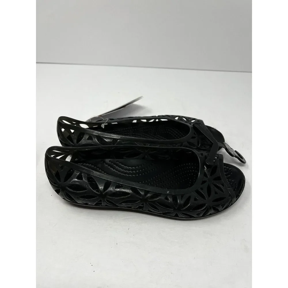 Crocs Comfort Casual Cut Out Peep Toe‎ Women's Black Flats Shoes  Sz 4 NWT